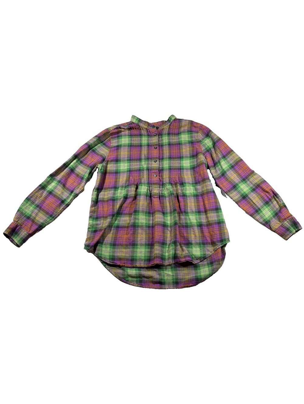 Lands End Plaid Tunic Womens 12P Green Purple Orange Roll Flannel Top 0190